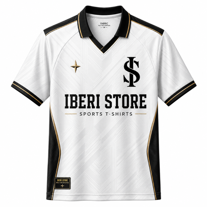 Iberi Store Men's Premium White & Gold Graphic Polo Football Jersey