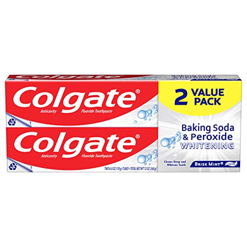 Colgate Baking Soda and Peroxide Toothpaste, Whitening Brisk Mint Flavor, Whitens Teeth, Fights Cavities and Removes Surface Stains for Whiter Teeth, 6 Oz Tube, 2 Pack