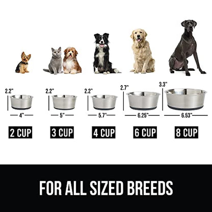 Gorilla Grip Stainless Steel Metal Pet Bowls Set of 2, Quiet Rubber Base, Heavy Duty, Rust Resistant, Food Grade BPA Free, Less Sliding for Cats and Dogs, Dry and Wet Foods, 2 Cups, Gray