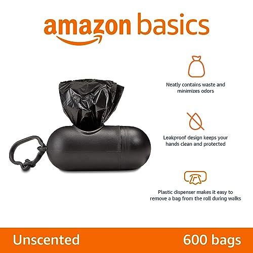 Amazon Basics Dog Poop Bags With Dispenser and Leash Clip, Unscented, Standard, 600 Count, 40 Pack of 15, Black.
