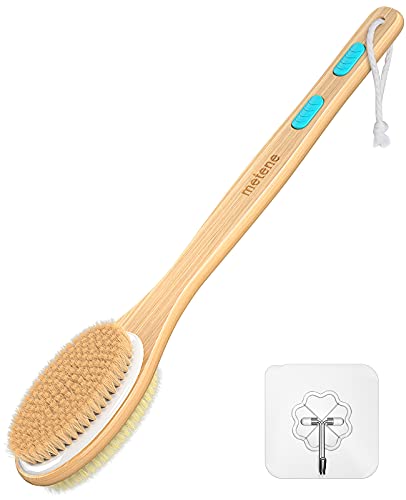 Metene Shower Brush with Soft and Stiff Bristles, Bath Dual-Sided Long Handle Back Scrubber Body Exfoliator for Wet or Dry Brushing