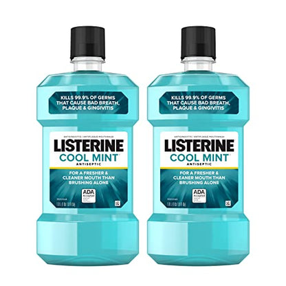 Listerine Mouthwash, Antiseptic, Antibacterial, Bad Breath Treatment, Plaque & Gingivitis Protection, Gum Disease Treatment, Mouth Wash for Adults; Cool Mint Flavor, 1 L (Pack of 2)