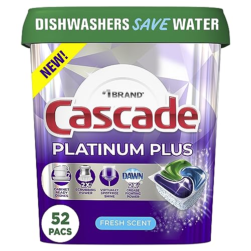 Cascade Platinum Plus Dishwasher Pod, Dish Detergent ActionPacs Dish Pods, Fresh, 52 Count