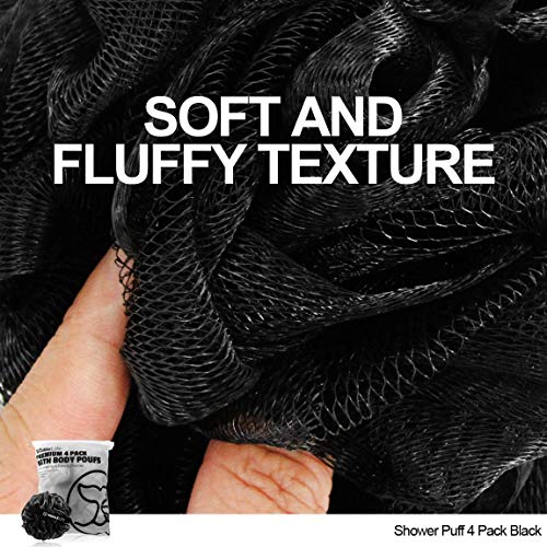 Shower Puff 4 Pack Black Bath Sponge Shower Loofahs Pouf Ball Nature Bamboo Charcoal Mesh Bulk Puffs Large, Shower Essential Skin Care by WhaleLife