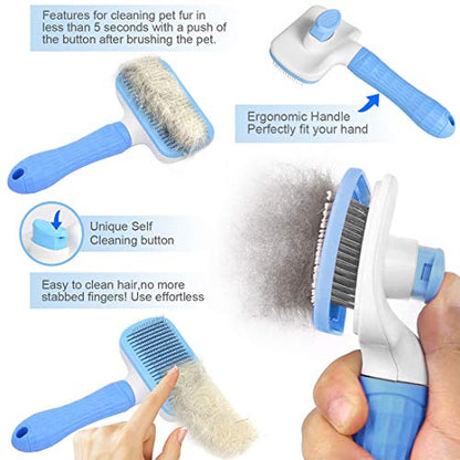 Atlamia Self Cleaning Slicker Brush,Dog Brush & Cat Brush with Massage Particles,Removes Loose hair & Tangles,Skin Friendly & Promote Circulation-Blue
