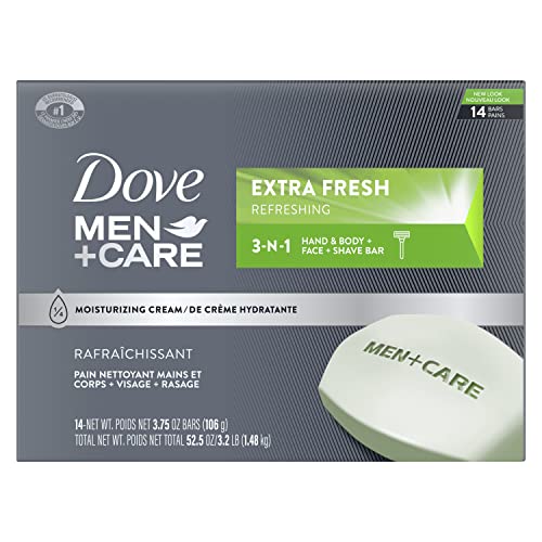 Dove Men+Care Bar 3 in 1 Cleanser for Body, Face, and Shaving to Clean and Hydrate Skin Extra Fresh Body and Facial Cleanser More Moisturizing Than Bar Soap 3.75 oz 14 Bars