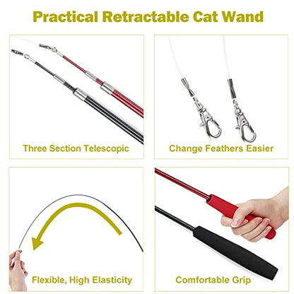 MeoHui Cat Toys for Indoor Cats, Interactive Cat Toy 2PCS Retractable Cat Wand Toy and 9PCS Cat Feather Toys Refills, Funny Kitten Toys Cat Fishing Pole Toy for Bored Indoor Cats Chase and Exercise